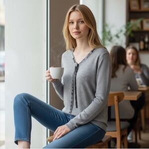 Talbots Grey V-Neck Sweater with Silver Sequin Ribbon Tie Bow Medium